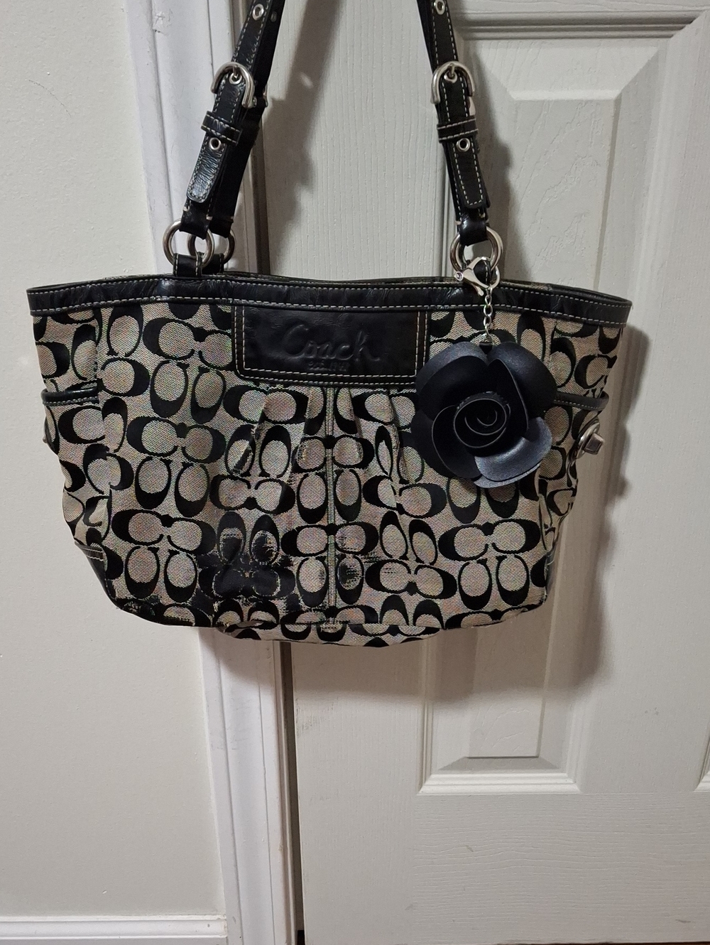 Coach Signature Pleated Gallery Tote in Black and Tan with Flower Charm